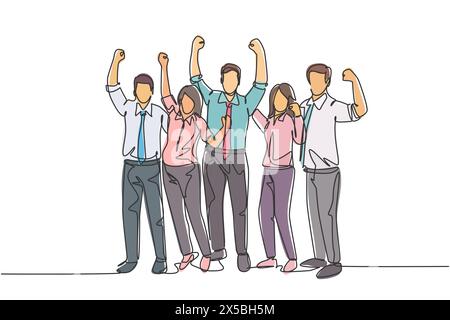 Un groupe de dessin à ligne unique de jeunes travailleurs heureux et de sexe masculin sautant dans la salle de bureau ensemble. Concept de célébration du travail d'équipe d'affaires contant Illustration de Vecteur
