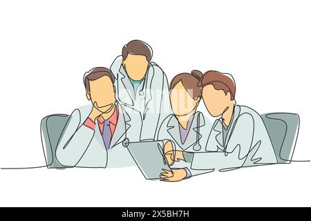Un groupe de médecins masculins et féminins à tracé continu sur une seule ligne discutant et diagnostiquant la maladie du patient dans la salle d'hôpital. Conc. Réunion médicale Illustration de Vecteur