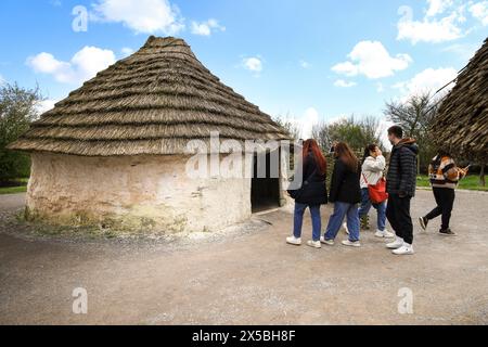 Salisbury, Angleterre- 30 mars 2024 : recréation de maisons néolithiques au centre d'accueil de Stonehenge à Salisbury, Angleterre Banque D'Images