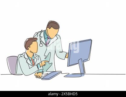 Un dessin en ligne continu de deux jeunes médecins masculins discutant tout en regardant le dossier médical du patient sur l'écran de l'ordinateur. Soins de santé hospitaliers Illustration de Vecteur