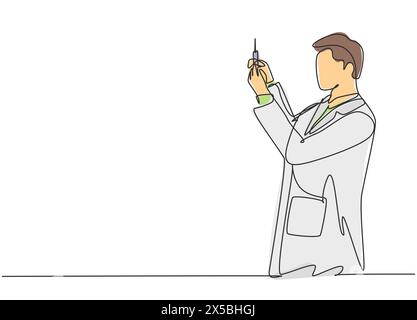 Un tracé en ligne continue unique du médecin mâle mesure la dose appropriée au sujet de l'injection de vaccin covid pour le patient malade. Coronavirus traitement médical co Illustration de Vecteur