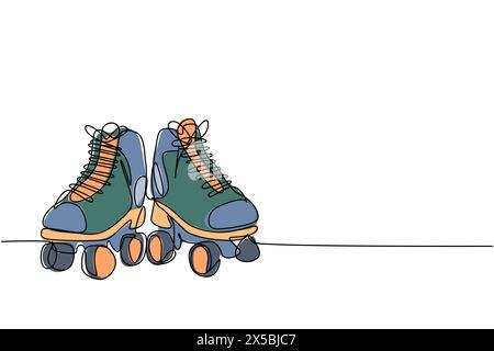 Paire de chaussures de skateboard à quatre rouleaux en plastique rétro à motif ligne continue. Vintage classique sport extrême concept One Line Draw design vector il Illustration de Vecteur