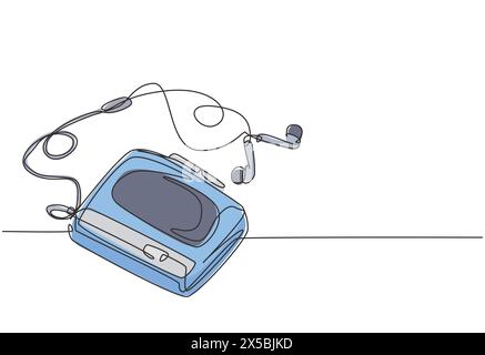 Un dessin au trait continu d'une cassette de radio mobile classique rétro avec écouteur. Vintage lecteur de musique mobile concept d'article simple ligne dessiner graphique de Illustration de Vecteur