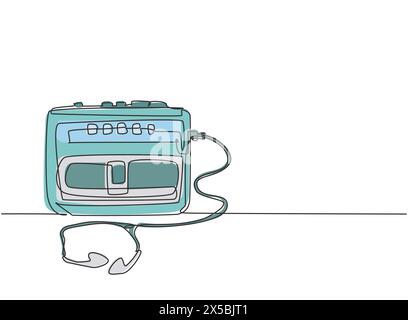 Un dessin d'une ligne de ruban radio portable rétro ancien classique avec écouteurs. Vintage mobile cassette Player article concept ligne continue dessiner desig Illustration de Vecteur