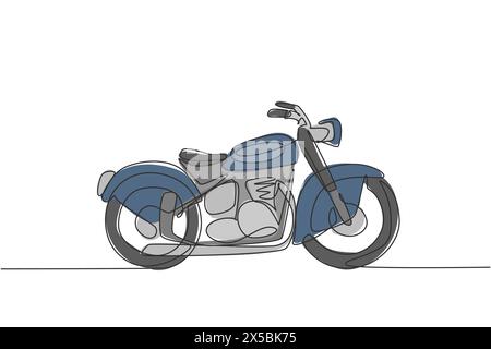 Un dessin en ligne continue de l'icône rétro de la moto vintage. Concept classique de transport de moto simple ligne graphique dessin vecteur illu Illustration de Vecteur