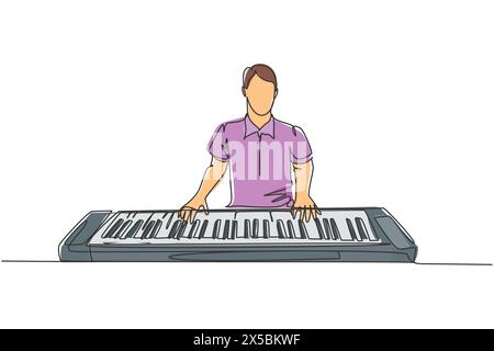 Un dessin d'une seule ligne de jeune pianiste masculin heureux jouant un synthétiseur électrique, un piano à clavier moderne. Le concept de performance d'artiste musicien continue Illustration de Vecteur