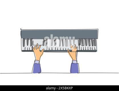 Dessin en ligne continue simple de jeune pianiste heureux jouant le clavier de piano à queue sur orchestre de concert de musique, vue de dessus. Artiste musicien performanc Illustration de Vecteur