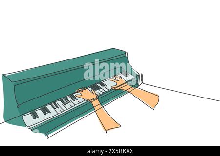 Un dessin au trait continu d'un jeune pianiste masculin heureux jouant du piano à queue classique vu de côté. Musicien artiste concept de performance ligne unique dr. Illustration de Vecteur