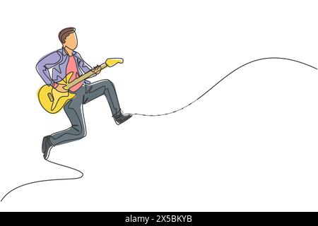 Un dessin en ligne continue de jeune guitariste masculin heureux sautant tout en jouant de la guitare électrique sur la scène de concert de musique. Musicien artiste performance co Illustration de Vecteur