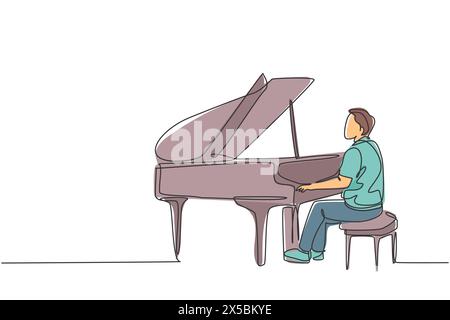 Dessin d'une seule ligne continue d'un jeune pianiste homme heureux jouant du piano à queue classique sur un orchestre de concert. Artiste musicien concept de performance Illustration de Vecteur