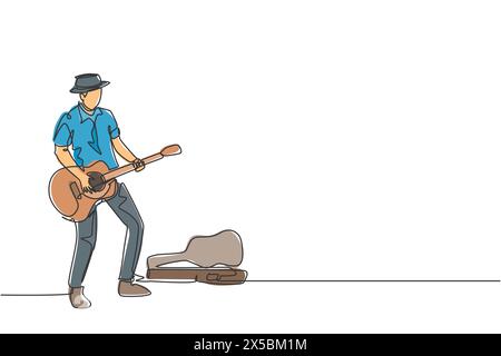 Un dessin en ligne continue de jeune guitariste masculin heureux debout et busking en jouant de la guitare sur la route de la ville. Performance d'artiste musicien de rue conc Illustration de Vecteur