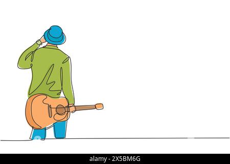 Un dessin en ligne continue de jeune guitariste masculin heureux portant un chapeau et tenant la guitare acoustique sur sa main. Artiste musicien moderne concept single l Illustration de Vecteur