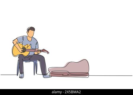 Un dessin en ligne continue de jeune guitariste masculin heureux assis et busking en jouant de la guitare sur Uptown Road. Artiste musicien de rue performance con Illustration de Vecteur