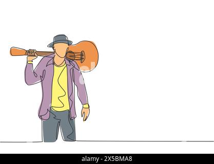 Un dessin d'une seule ligne de jeune guitariste masculin heureux debout tout en mettant la guitare sur son épaule. Artiste musicien à la mode concept de performance contin Illustration de Vecteur