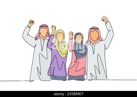 Un seul dessin en ligne continue de jeunes gens d'affaires musulmans célèbrent l'accord du projet. Hommes d'affaires arabes du moyen-Orient avec shmagh, kandura, thawb ro Illustration de Vecteur