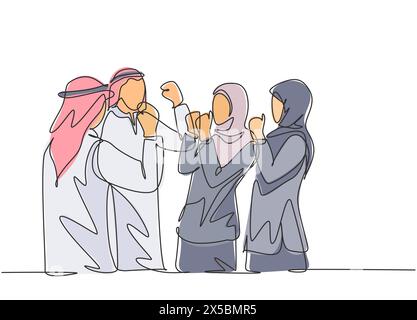 Un dessin continu unique de jeunes gens d'affaires musulmans célèbrent leur succès. Hommes d'affaires arabes du Moyen-Orient avec shmagh, kandura, thawb, robe Illustration de Vecteur