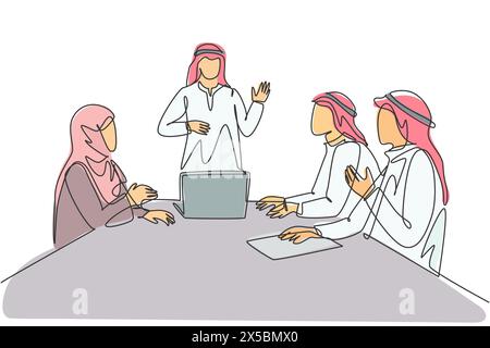 Un tirage au sort unique et continu de jeunes hommes d'affaires musulmans présentant des propositions d'affaires à un investisseur éventuel. Kandura en tissu du Moyen-Orient arabe, dégel Illustration de Vecteur