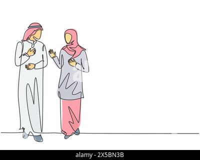 Dessin de ligne continue unique de jeune couple d'affaires musulman discutant de stratégie de vente de produit ensemble. Arabe moyen-Orient tissu shmagh, thawb, robe, Illustration de Vecteur