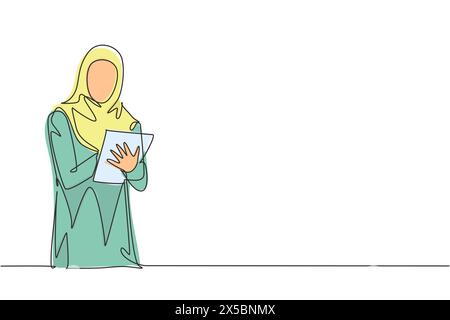 Un dessin continu de jeunes femmes d'affaires musulmanes analysant les progrès de l'entreprise à partir d'un écran de tablette. Vêtements islamiques hijab et ve Illustration de Vecteur