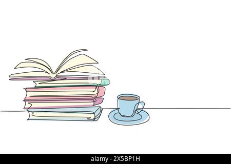 Un dessin d'une seule ligne de livre ouvert avec une tasse de café expresso noir chaud à la bibliothèque de l'école. Le livre est une fenêtre sur le concept du monde. Continu Illustration de Vecteur