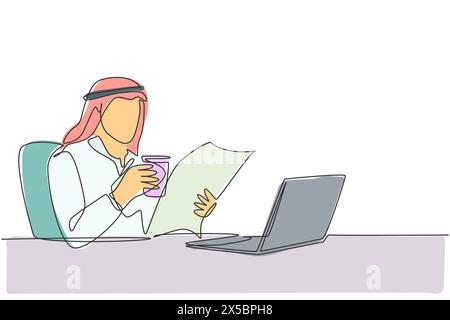 Un tirage au sort unique d'un jeune homme d'affaires musulman lisant des informations sur les journaux et Internet tout en faisant une pause au bureau. Vêtements islamiques shémag, kandur Illustration de Vecteur