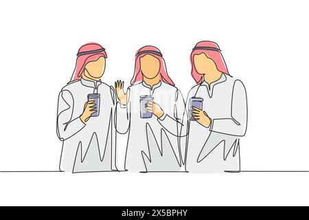 Un seul dessin de ligne de jeunes filles de muslimah marchant avec des amis tenant une tasse de papier de café. La femme arabe moyen-orientale hijab et Illustration de Vecteur