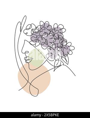 Une seule ligne représentant une face abstraite avec illustration vectorielle de fleurs naturelles. Beauté femme portrait style minimaliste concept pour décoration murale art pr Illustration de Vecteur