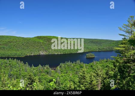 Parc national de la Mauricie lac Wapizagonke île aux pins. Petite île ronde au milieu d'un lac. Journée d'été ensoleillée Banque D'Images