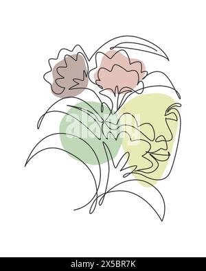 Ligne continue simple dessin nature portrait minimaliste. Concept de tête de bouquet de fleurs. Salon de beauté floral beauté avec imprimé abstrait sur le visage. Tendance 1 l Illustration de Vecteur