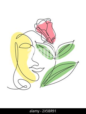 Une ligne continue simple dessin jolie femme visage avec des fleurs. Nature beauté imprimé botanique concept pour décoration murale imprimé. Portrait minimaliste. Tendance Illustration de Vecteur