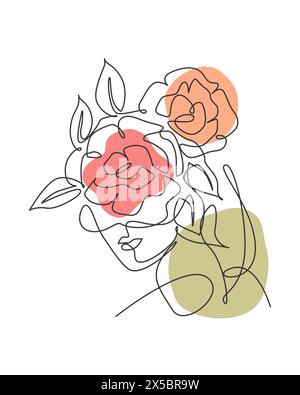 Une ligne continue simple dessin jolie femme visage avec des fleurs. Nature beauté imprimé botanique concept pour décoration murale imprimé. Portrait minimaliste. Tendance Illustration de Vecteur