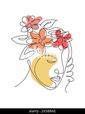 Une seule ligne représentant une face abstraite avec illustration vectorielle de fleurs naturelles. Beauté femme portrait style minimaliste concept pour décoration murale art pr Illustration de Vecteur