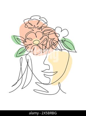 Ligne continue simple dessin nature portrait minimaliste. Concept de tête de bouquet de fleurs. Salon de beauté floral beauté avec imprimé abstrait sur le visage. Tendance 1 l Illustration de Vecteur