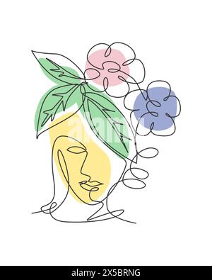 Une ligne continue dessin minimaliste beauté nature cosmétique coiffure. Bouquet de fleurs en femme tête abstrait visage concept. Décoration murale. Simple Illustration de Vecteur