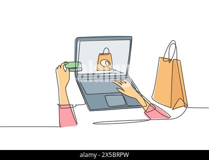 Une ligne continue de dessin jeune femme de beauté tenant la carte de crédit pour faire des transactions d'achat à la boutique en ligne en utilisant l'ordinateur portable. Achats en magasin en ligne conc Illustration de Vecteur