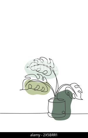 Une seule ligne représentant une feuille de monstère dans l'illustration du vecteur pot. Feuilles tropicales style minimaliste, motif floral concept pour poster, décoration murale pr Illustration de Vecteur