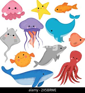 Ensemble avec de mignons animaux marins de bande dessinée Illustration de Vecteur