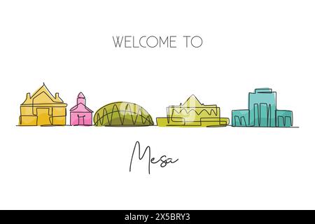 Un dessin au trait continu de Mesa City skyline, Arizona. World Beautiful paysage tourisme et vacances de voyage pour impression de décor mural. Simple et élégant Illustration de Vecteur