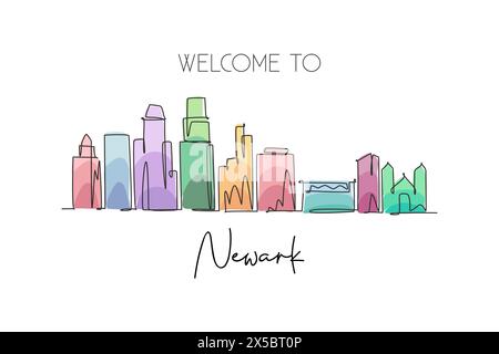 Dessin en ligne continue unique de Newark City skyline, New Jersey. Célèbre paysage de grattoir de ville. Monde voyage maison décoration murale art poster imprimé concp Illustration de Vecteur