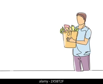 Une ligne continue de dessin jeune heureux attrayant homme tenant sac d'épicerie plein de besoins quotidiens. Achat de produits biologiques à l'épicerie concept. Illustration de Vecteur