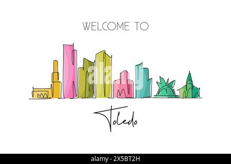 Dessin en ligne continue unique de la skyline de la ville de Toledo, Ohio. Célèbre paysage de grattoir de ville. Concept d'impression d'affiche d'art de décoration murale de voyage du monde. Mod Illustration de Vecteur