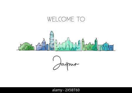 Dessin en ligne continue unique de l'horizon de la ville de Jaipur, Inde. Célèbre paysage de grattoir de ville. Concept d'impression d'affiche d'art de décoration murale de voyage du monde. Mo Illustration de Vecteur