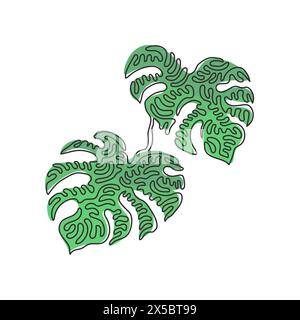 Une seule ligne dessinant la feuille de monstera. Style minimaliste des feuilles tropicales, concept de motif floral abstrait pour affiche, impression de décor mural. Courbe tourbillon St Illustration de Vecteur