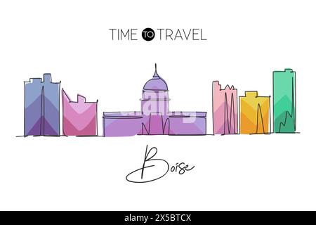 Un dessin au trait continu de l'horizon de la ville de Boise, Idaho. World Beautiful paysage tourisme et vacances de voyage pour impression de décor mural. Simple et élégant Illustration de Vecteur