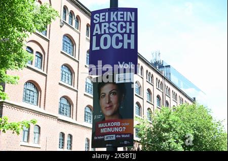 Wahlplakate zur Europawahl von Volt Deutschland und BSW Bündnis Sahra Wagenknecht an einem Laternenmat *** affiches électorales pour les élections européennes par Volt Allemagne et BSW Alliance Sahra Wagenknecht sur un lampadaire Banque D'Images