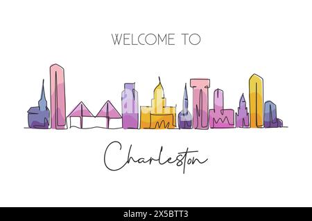 Une seule ligne dessinant Charleston City skyline South Carolina. Paysage de ville historique du monde. Meilleure destination de vacances carte postale. Trait modifiable tren Illustration de Vecteur