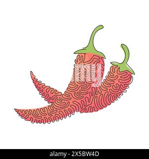 Une ligne continue dessinant des piments chauds biologiques sains entiers pour l'identité du logo de la ferme. Concept de piments frais pour icône végétale. Boucles torsadées Illustration de Vecteur