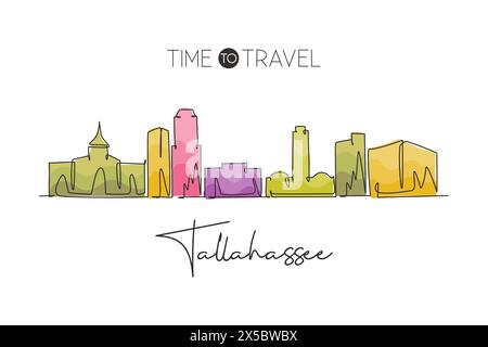 Dessin en ligne continue unique de la skyline de Tallahassee, Floride. Célèbre paysage de grattoir de ville. Concept d'impression d'affiche d'art de décoration murale de voyage du monde. Illustration de Vecteur