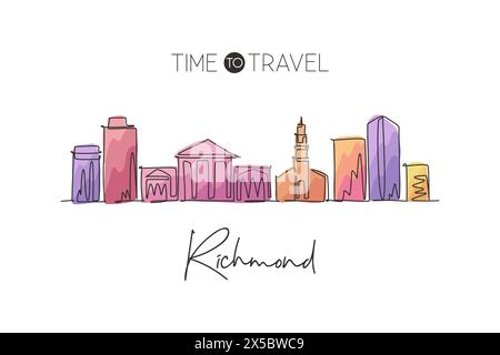 Dessin en ligne continue unique de Richmond City skyline, Virginie. Célèbre paysage de grattoir de ville. Monde voyage maison décoration murale art poster imprimé concp Illustration de Vecteur