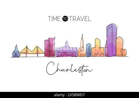 Une ligne continue dessinant Charleston City skyline South Carolina. Magnifique point de repère. Paysage mondial tourisme voyage maison décoration murale impression affiche. S Illustration de Vecteur